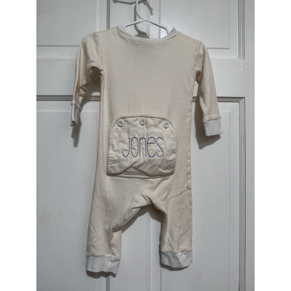 12M "Jones" Embroidered Monogrammed One Piece Outfit Yellow Polka Dots Blue